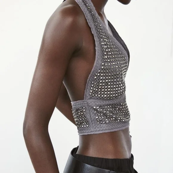 ZARA Studded Chain mail Cropped Halter Top Grey/Gunmetal Size Large - New - Picture 2 of 11